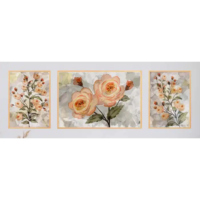 Açan Güller Çerçeveli Ahşap Tablo Seti, 3 Parça, Duvar Tablosu