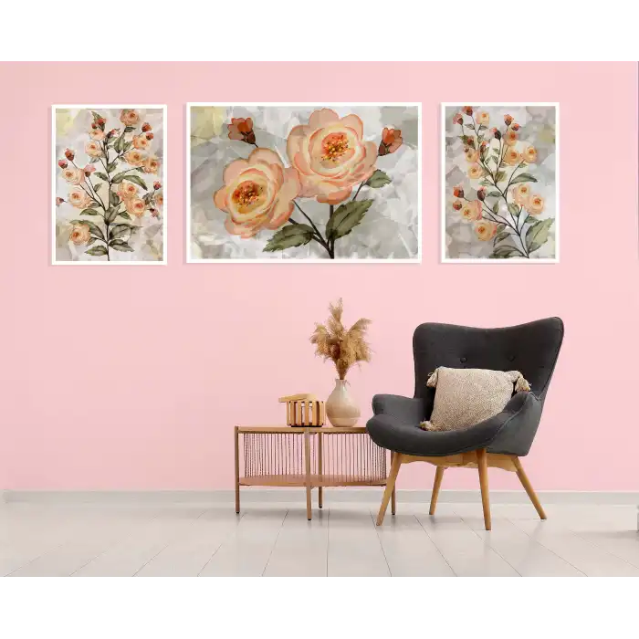 Açan Güller Çerçeveli Ahşap Tablo Seti, 3 Parça, Duvar Tablosu