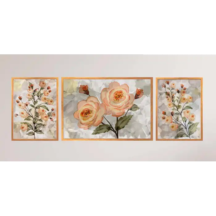 Açan Güller Çerçeveli Ahşap Tablo Seti, 3 Parça, Duvar Tablosu