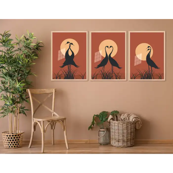 Bestablo 3 Parça Çerçeveli Aşık Kuşlar Ahşap Tablo Seti Bestablo