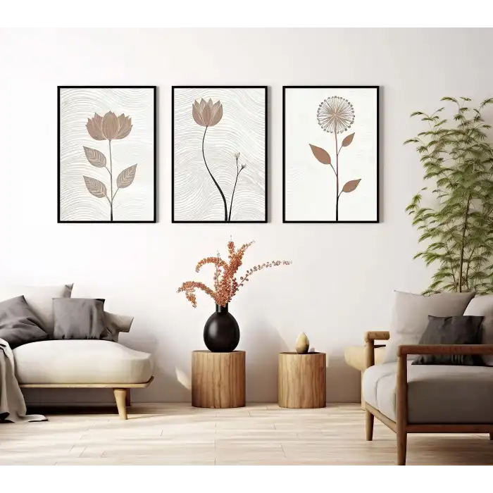 Bestablo 3 Parça Çerçeveli Dekoratif Çiçekler Ahşap Tablo Seti, Ev Dekoru Bestablo