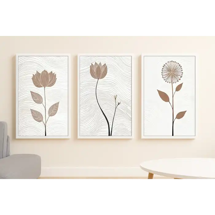 Bestablo 3 Parça Çerçeveli Dekoratif Çiçekler Ahşap Tablo Seti, Ev Dekoru Bestablo