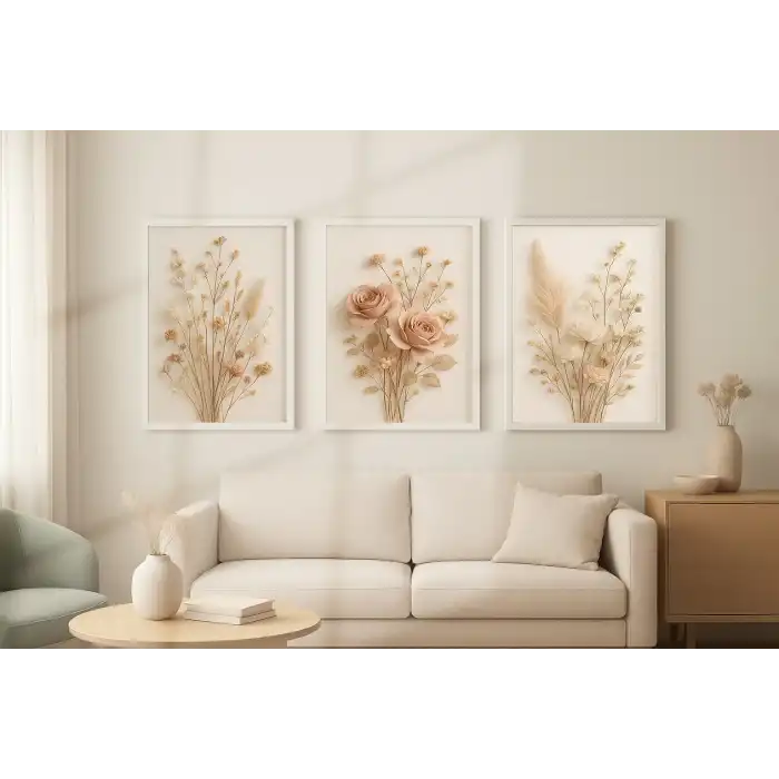 Bestablo 3 Parça Çerçeveli Dekoratif Çiçekler Ahşap Tablo Seti, Ev Dekoru Bestablo