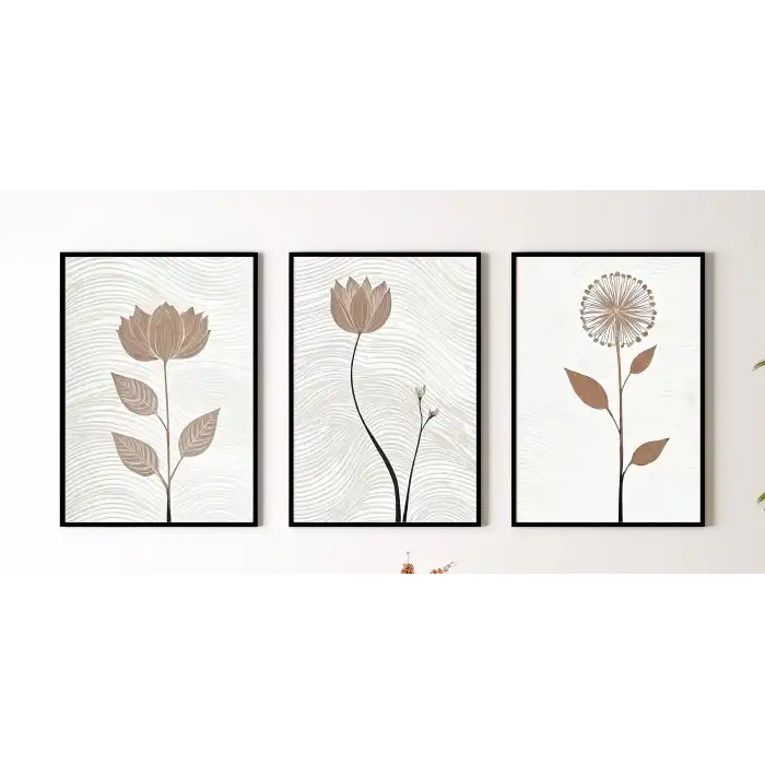 Bestablo 3 Parça Çerçeveli Dekoratif Çiçekler Ahşap Tablo Seti, Ev Dekoru Bestablo
