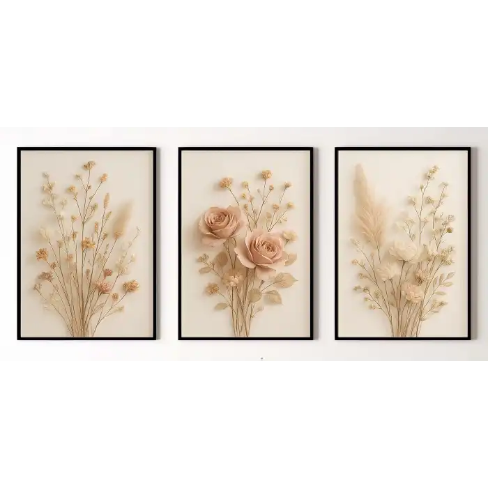 Bestablo 3 Parça Çerçeveli Dekoratif Çiçekler Ahşap Tablo Seti, Ev Dekoru Bestablo