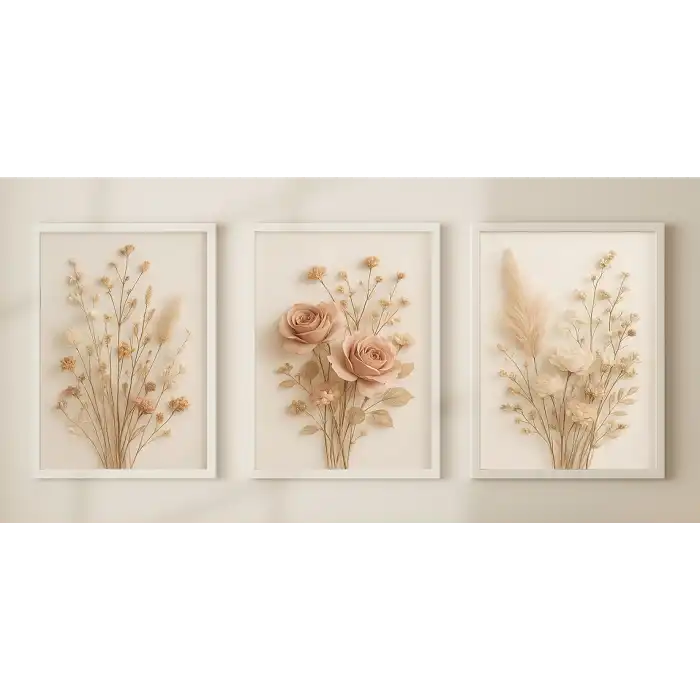 Bestablo 3 Parça Çerçeveli Dekoratif Çiçekler Ahşap Tablo Seti, Ev Dekoru Bestablo