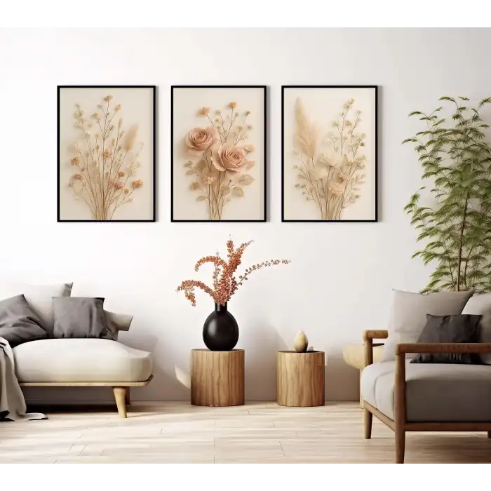 Bestablo 3 Parça Çerçeveli Dekoratif Çiçekler Ahşap Tablo Seti, Ev Dekoru Bestablo
