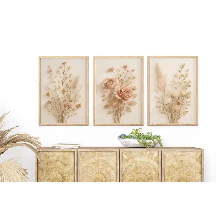 Bestablo 3 Parça Çerçeveli Dekoratif Çiçekler Ahşap Tablo Seti, Ev Dekoru Bestablo