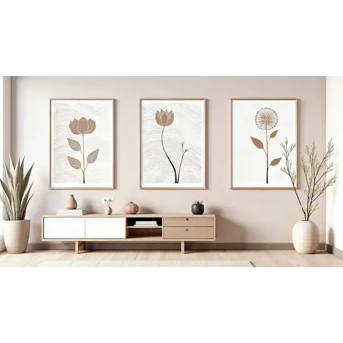 Bestablo 3 Parça Çerçeveli Dekoratif Çiçekler Ahşap Tablo Seti, Ev Dekoru Bestablo