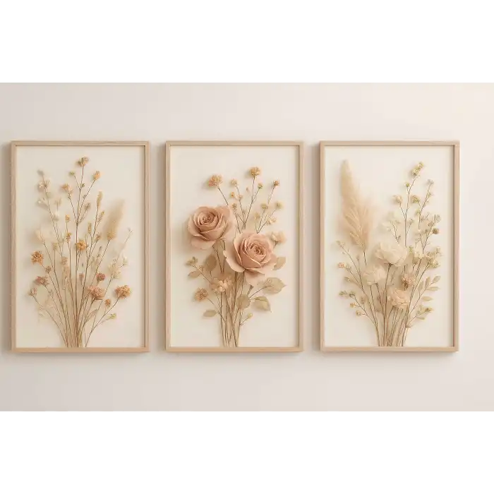 Bestablo 3 Parça Çerçeveli Dekoratif Çiçekler Ahşap Tablo Seti, Ev Dekoru Bestablo