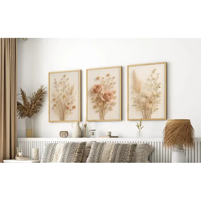 Bestablo 3 Parça Çerçeveli Dekoratif Çiçekler Ahşap Tablo Seti, Ev Dekoru Bestablo