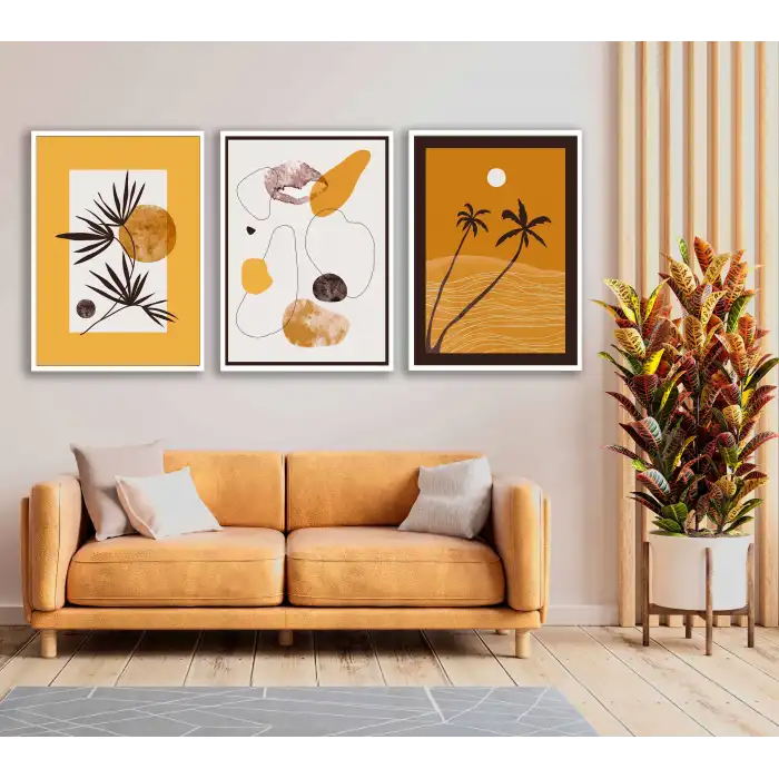 Bestablo 3 Parça Çerçeveli Dekoratif Palmiye Ahşap Tablo Seti Bestablo