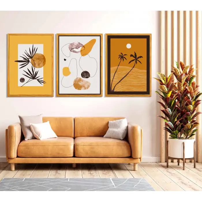 Bestablo 3 Parça Çerçeveli Dekoratif Palmiye Ahşap Tablo Seti Bestablo