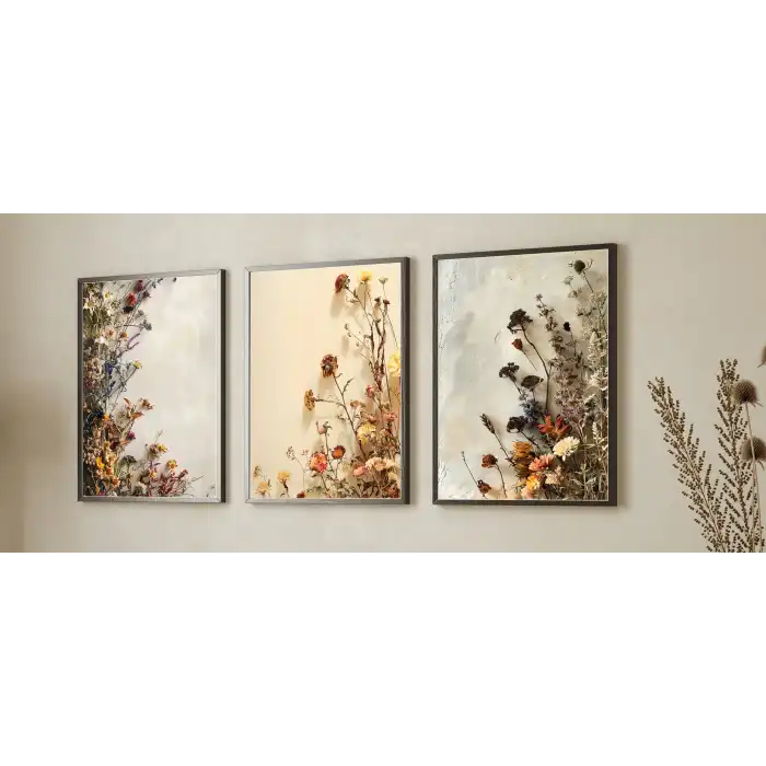Bestablo 3 Parça Çerçeveli Dekoratif Renkli Çiçekler Ahşap Tablo Seti, Ev Dekoru Bestablo