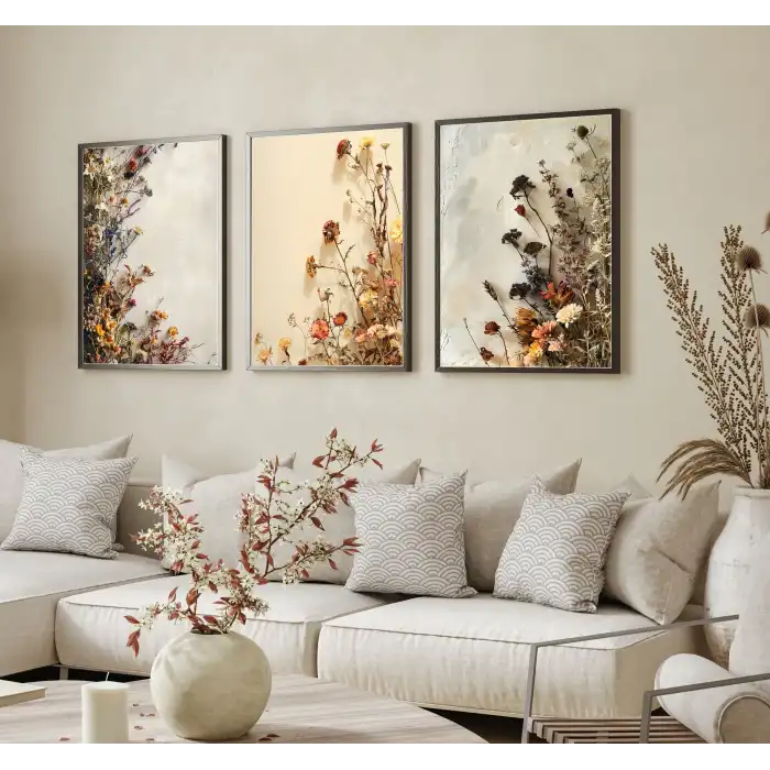 Bestablo 3 Parça Çerçeveli Dekoratif Renkli Çiçekler Ahşap Tablo Seti, Ev Dekoru Bestablo