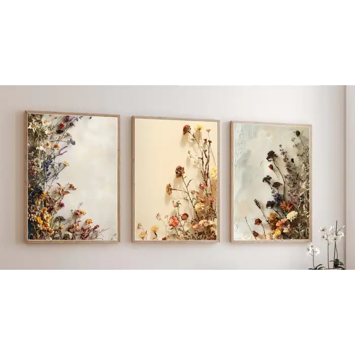 Bestablo 3 Parça Çerçeveli Dekoratif Renkli Çiçekler Ahşap Tablo Seti, Ev Dekoru Bestablo