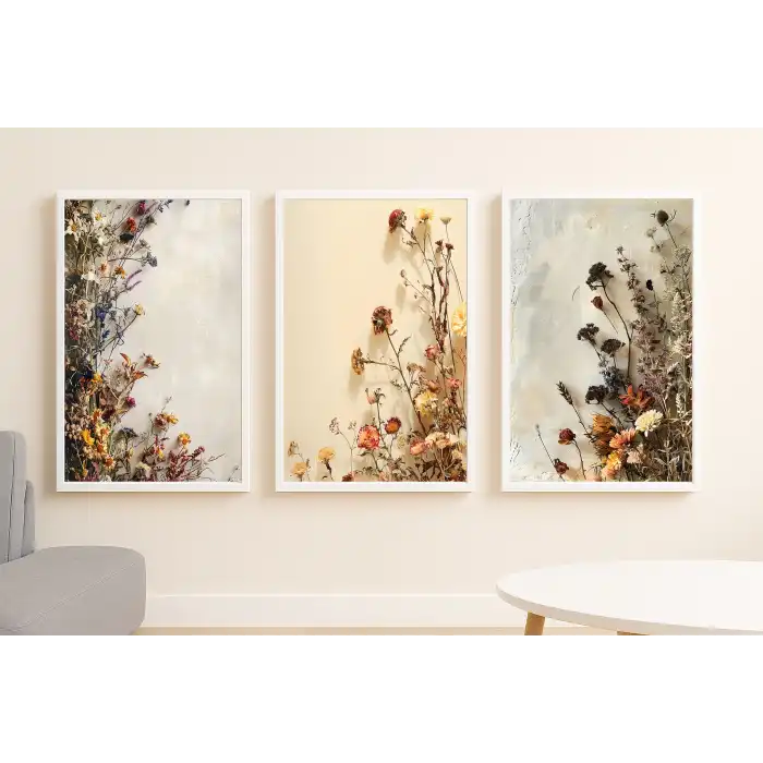 Bestablo 3 Parça Çerçeveli Dekoratif Renkli Çiçekler Ahşap Tablo Seti, Ev Dekoru Bestablo