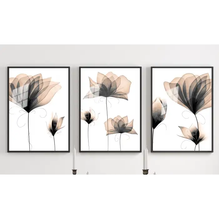 Bestablo 3 Parça Çerçeveli Dekoratif Sulu Boya Çiçekler Ahşap Tablo Seti Bestablo