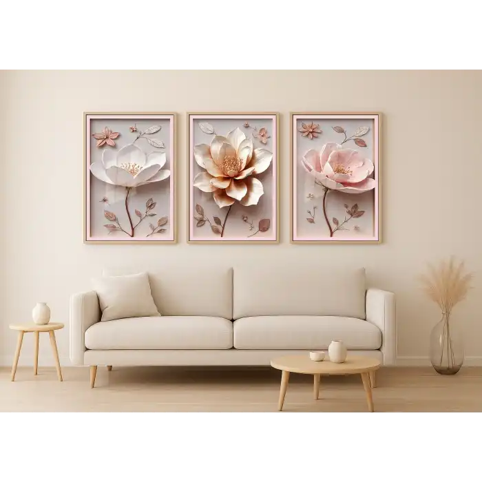 Bestablo 3 Parça Çerçeveli Kabartma Görünümlü Çiçekler Ahşap Tablo Seti, Ev Dekoru Bestablo