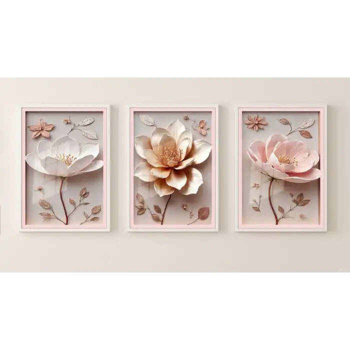 Bestablo 3 Parça Çerçeveli Kabartma Görünümlü Çiçekler Ahşap Tablo Seti, Ev Dekoru Bestablo