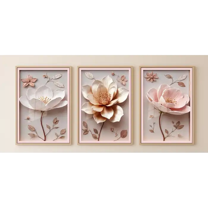 Bestablo 3 Parça Çerçeveli Kabartma Görünümlü Çiçekler Ahşap Tablo Seti, Ev Dekoru Bestablo