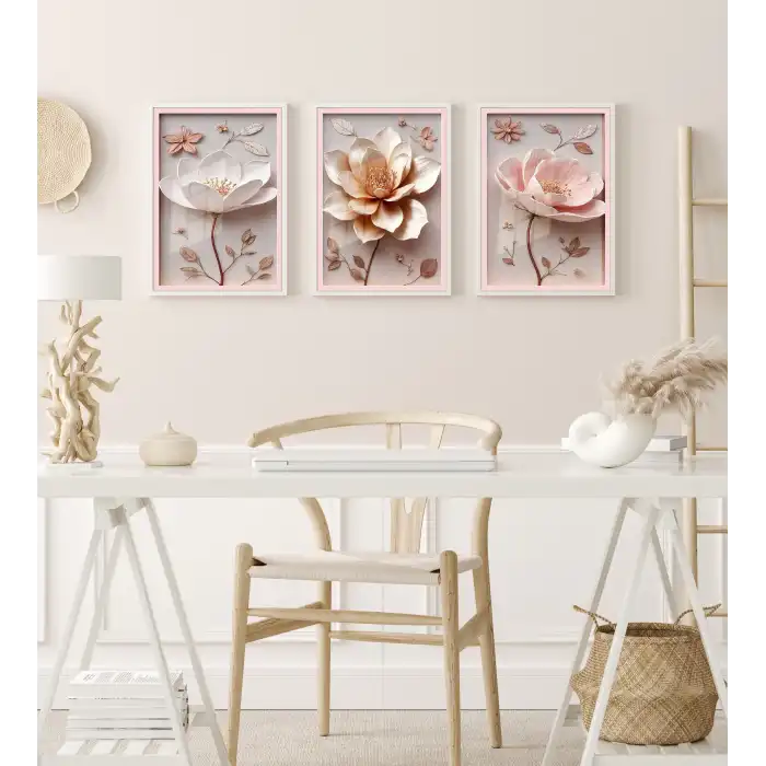 Bestablo 3 Parça Çerçeveli Kabartma Görünümlü Çiçekler Ahşap Tablo Seti, Ev Dekoru Bestablo