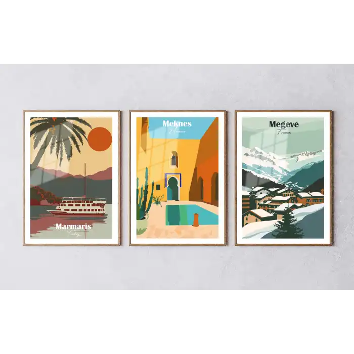 Bestablo 3 Parça Çerçeveli Manzara Ahşap Tablo Seti Bestablo