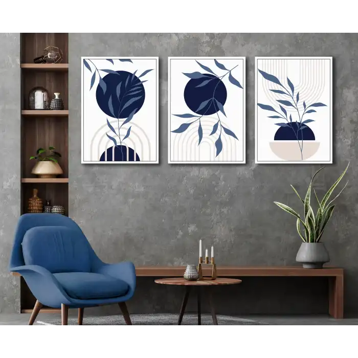 Bestablo 3 Parça Çerçeveli Navy Blue Boho Ahşap Tablo Seti Bestablo