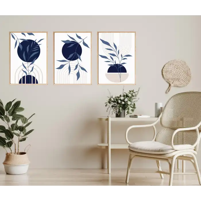 Bestablo 3 Parça Çerçeveli Navy Blue Boho Ahşap Tablo Seti Bestablo