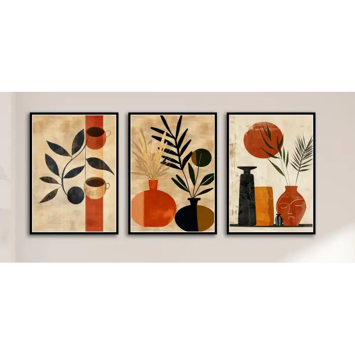 Bestablo 3 Parça Çerçeveli Vazolar Boho Ahşap Tablo Seti, Ev Dekoru Bestablo
