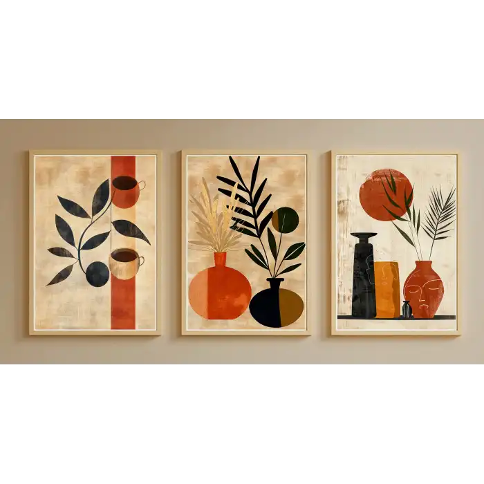 Bestablo 3 Parça Çerçeveli Vazolar Boho Ahşap Tablo Seti, Ev Dekoru Bestablo