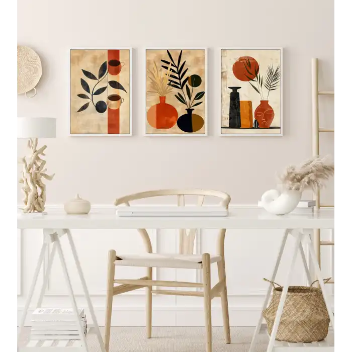 Bestablo 3 Parça Çerçeveli Vazolar Boho Ahşap Tablo Seti, Ev Dekoru Bestablo