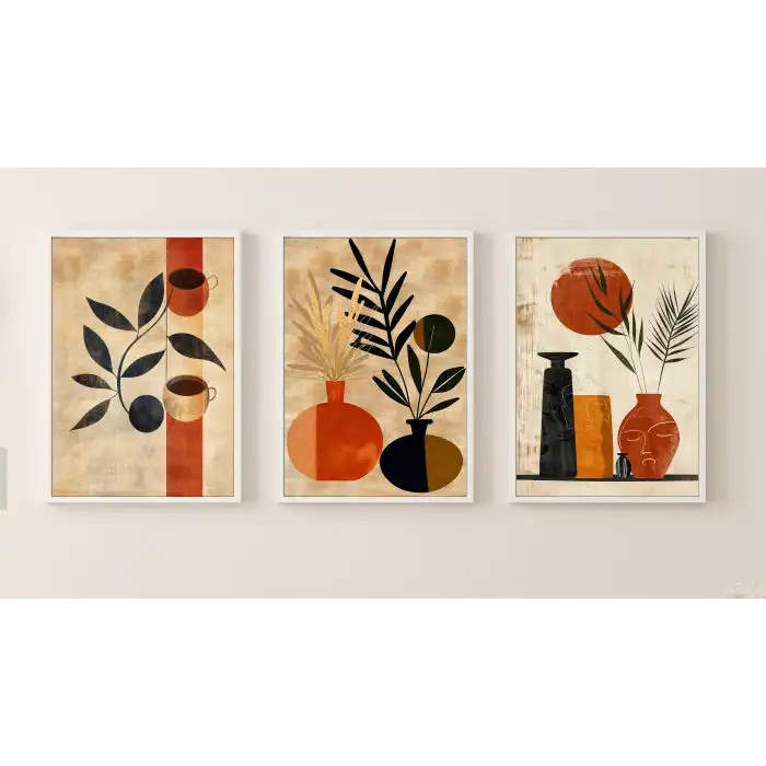 Bestablo 3 Parça Çerçeveli Vazolar Boho Ahşap Tablo Seti, Ev Dekoru Bestablo