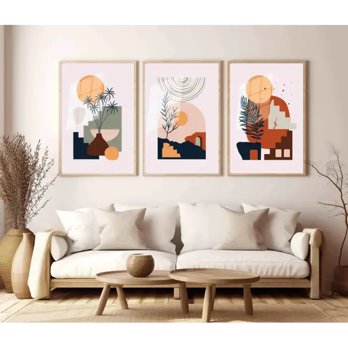 Bestablo 3 Parça Doğal Ahşap Çerçeveli Dekoratif Boho Tablo Seti Bestablo