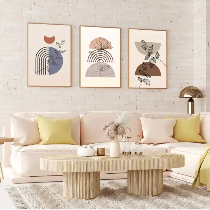 Bestablo 3 Parça Doğal Ahşap Çerçeveli Renkli Boho Tablo Seti Bestablo