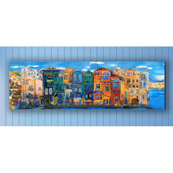 Bestablo Yağlı Boya Görünümlü Renkli Evler Kanvas Tablo Ev Dekoru, Bestablo