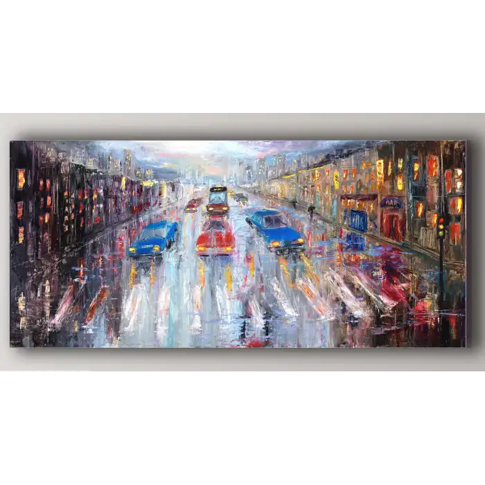Bestablo Yağlı Boya Görünümlü Şehir ve Trafik Kanvas Tablo, Ev Dekoru, Bestablo