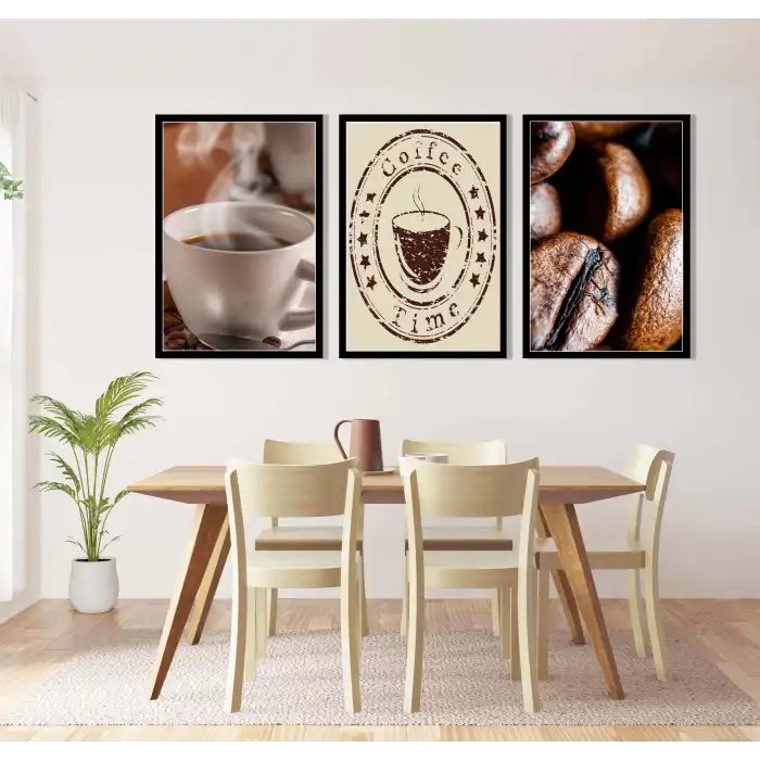 Kahve Temalı Çerçeveli Ahşap Tablo Seti, Ev Dekoru, Mutfak Dekoru