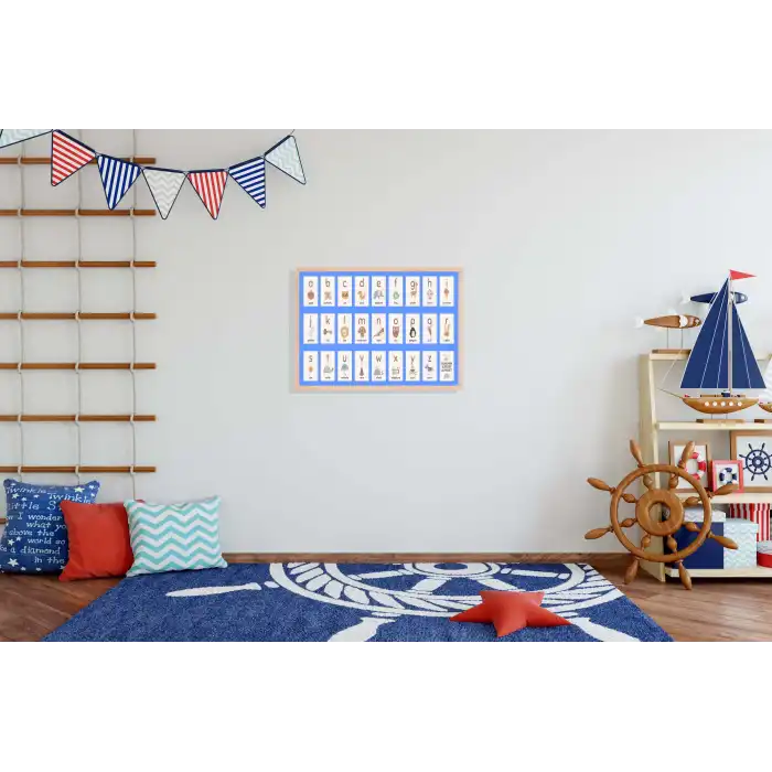 Mavi Harfler Doğal Ahşap Çerçeveli Tablo , Ahşap Tablo , Ev Dekoru