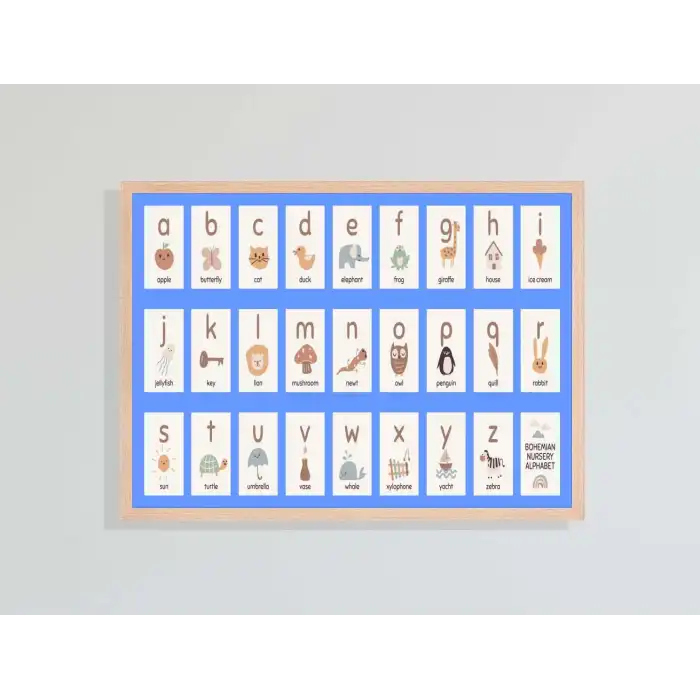 Mavi Harfler Doğal Ahşap Çerçeveli Tablo , Ahşap Tablo , Ev Dekoru