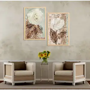 2 Parça Beyaz Gül Çerçeveli Ahşap Tablo Seti