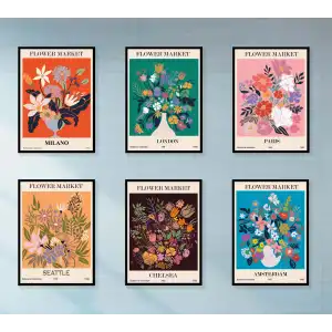 6lı Dekoratif Flowers Çerçeveli Tablo , Ev Dekoru , Soyut Tablo , Ahşap Tablo