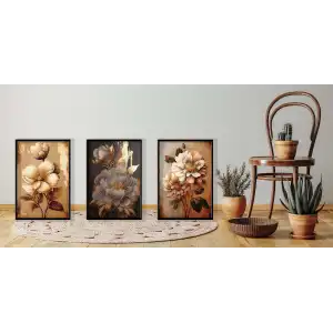 3lü Dekoratif Kahve Çiçekler Çerçeveli Tablo , Ev Dekoru , Soyut Tablo , Ahşap Tablo