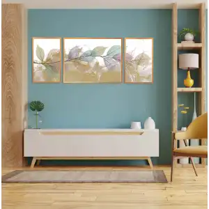 3lü Dekoratif Yeşil Mor Yaprak Çerçeveli Tablo , Ev Dekoru , Soyut Tablo , Ahşap Tablo