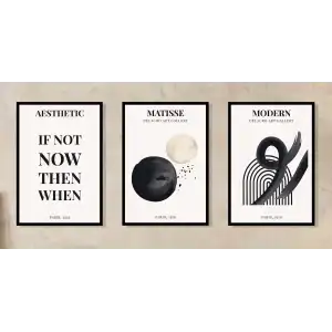 3lü Siyah Matisse Doğal Ahşap Çerçeveli Tablo , Ev Dekoru , Soyut Tablo