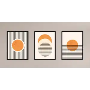 3lü Turuncu Güneş ve Çizgiler Çerçeveli Ahşap Tablo , Ev Dekoru , Soyut Tablo , Ahşap Tablo