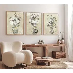 3lü Vazoda Çiçek Çerçeveli Tablo , Ev Dekoru , Soyut Tablo , Ahşap Tablo