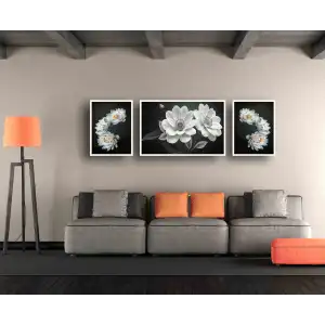 3 Parça Çerçeveli Dekoratif Beyaz Çiçekler Ahşap Tablo Seti