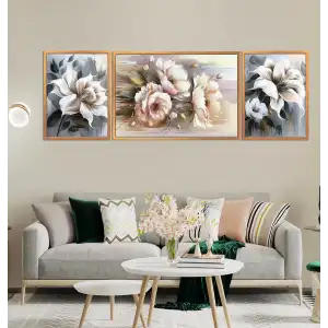 3 Parça Çerçeveli Dekoratif Çiçekler Ahşap Tablo seti, Ev Dekoru
