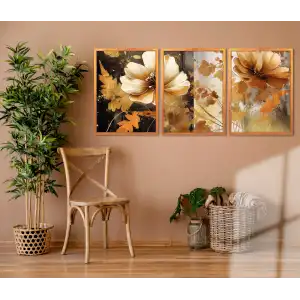 3 Parça Çerçeveli Kahverengi Çiçekler Ahşap Tablo seti, Ev Dekoru, Soyut Tablo